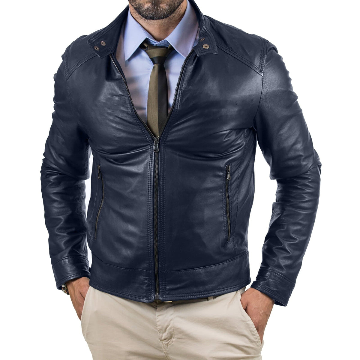 Veste biker homme slim en véritable cuir marron, col à boutons Rindway