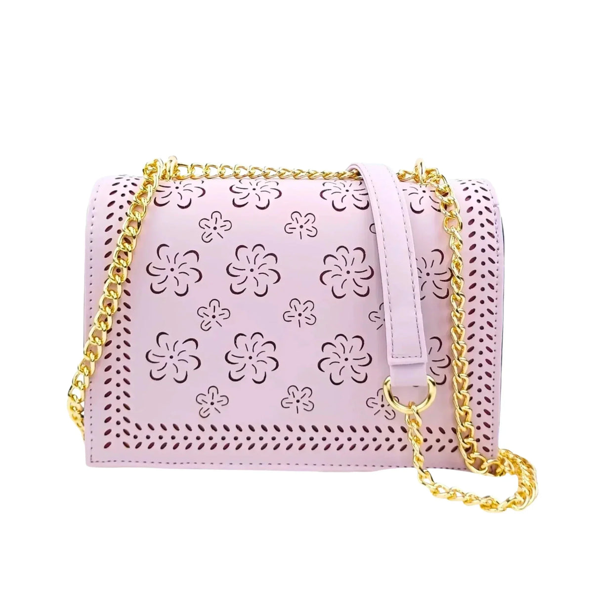 Violette Tasche mit goldfarbener Kette