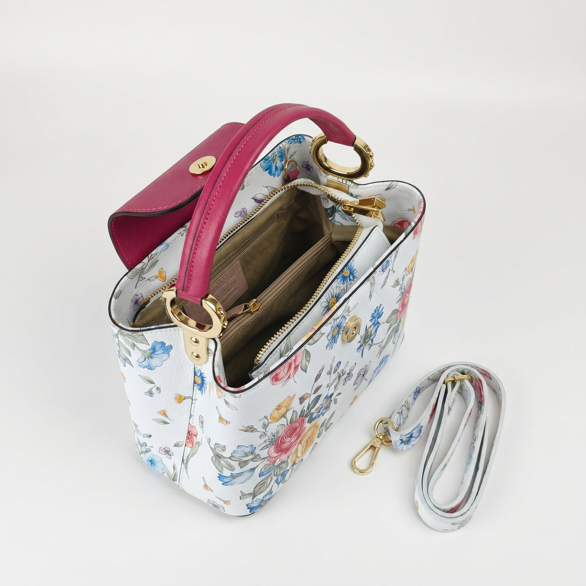 Sac bandoulière fleuri en cuir véritable