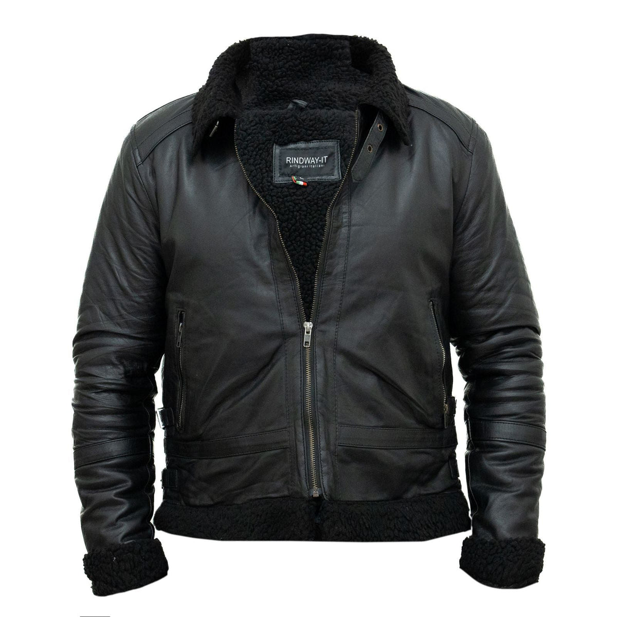 Bikerjacke aus echtem schwarzem Leder, schwarzes Innenfutter, Herren-Slim-Fit, Lammfellstil, Kragen mit Schnalle, Rindway