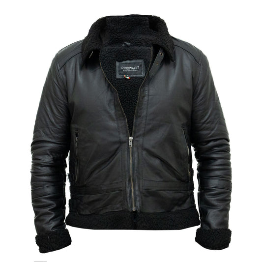 Veste biker slim pour homme en véritable cuir noir avec intérieur noir, style peau lainée, et col à boucle Rindway