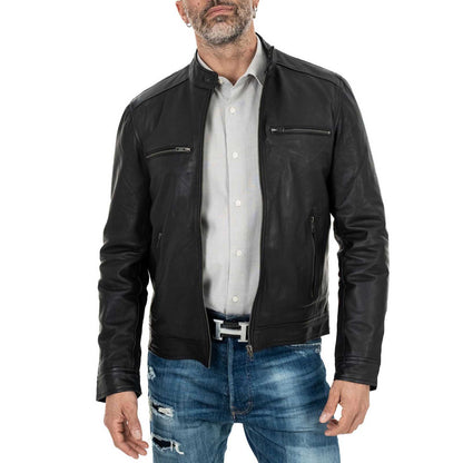 Blouson biker homme slim en véritable cuir noir avec col officier et quatre poches Rindway
