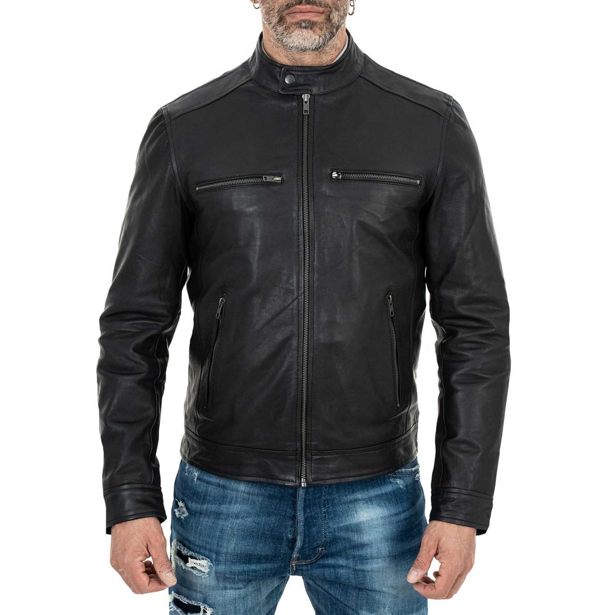 Blouson biker homme slim en véritable cuir noir avec col officier et quatre poches Rindway