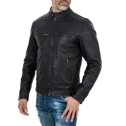 Blouson biker homme slim en véritable cuir noir avec col officier et quatre poches Rindway