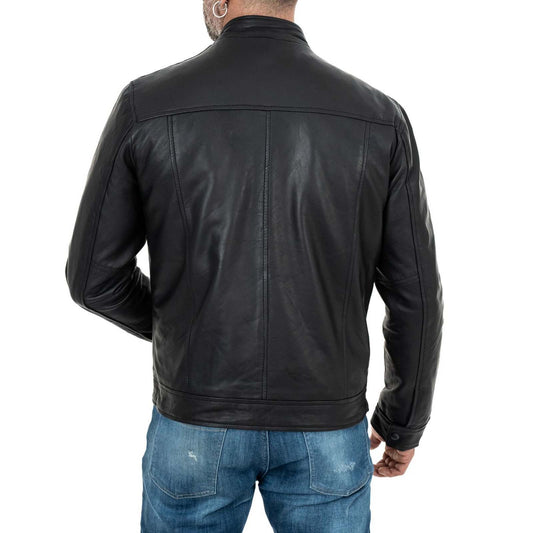 Blouson biker homme slim en véritable cuir noir avec col officier et quatre poches Rindway