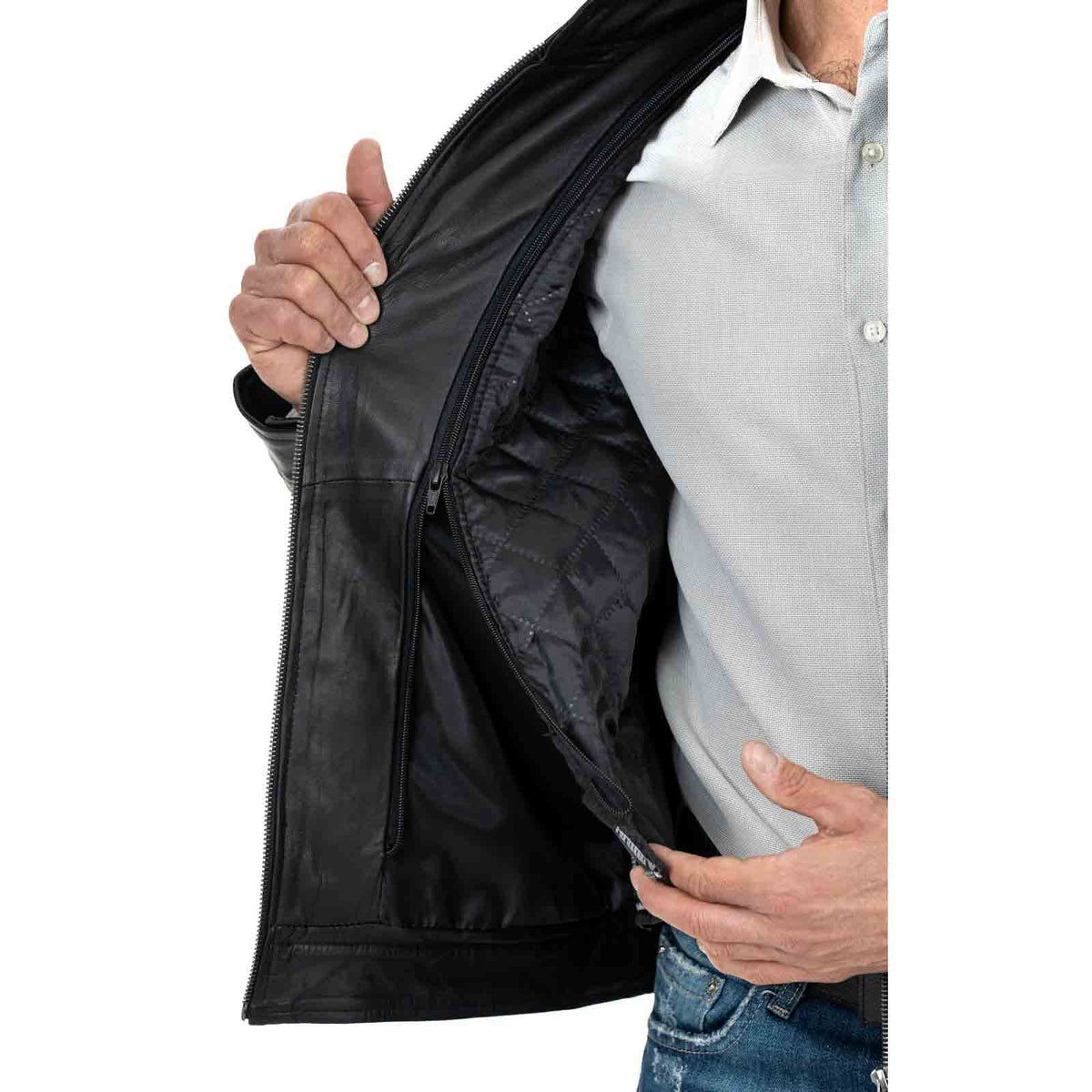 Blouson biker homme slim en véritable cuir noir avec col officier et quatre poches Rindway