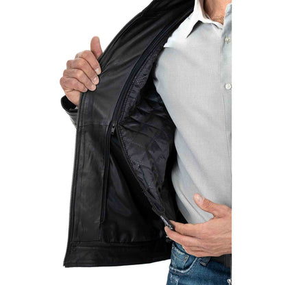 Blouson biker homme slim en véritable cuir noir avec col officier et quatre poches Rindway