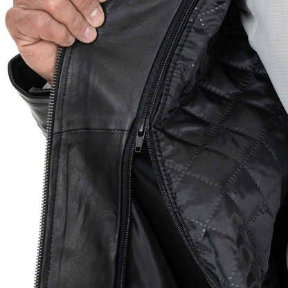 Blouson biker homme slim en véritable cuir noir avec fermeture principale à glissière et rabat Rindway