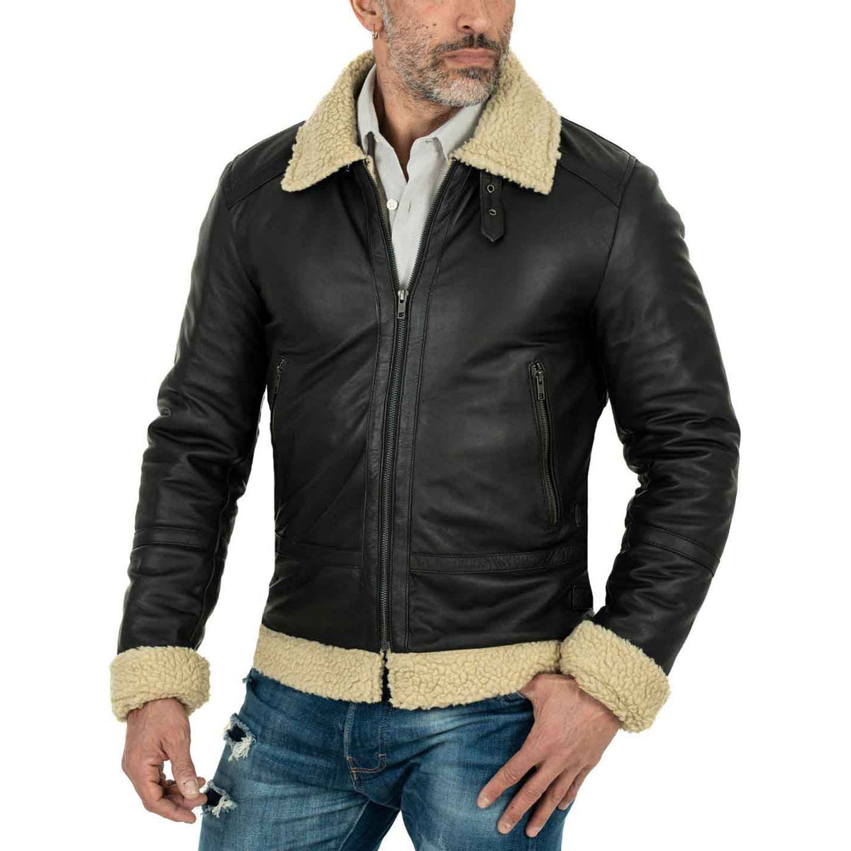 Bikerjacke aus echtem schwarzem Leder, schwarzes Innenfutter, Herren-Slim-Fit, Lammfellstil, Kragen mit Schnalle, Rindway