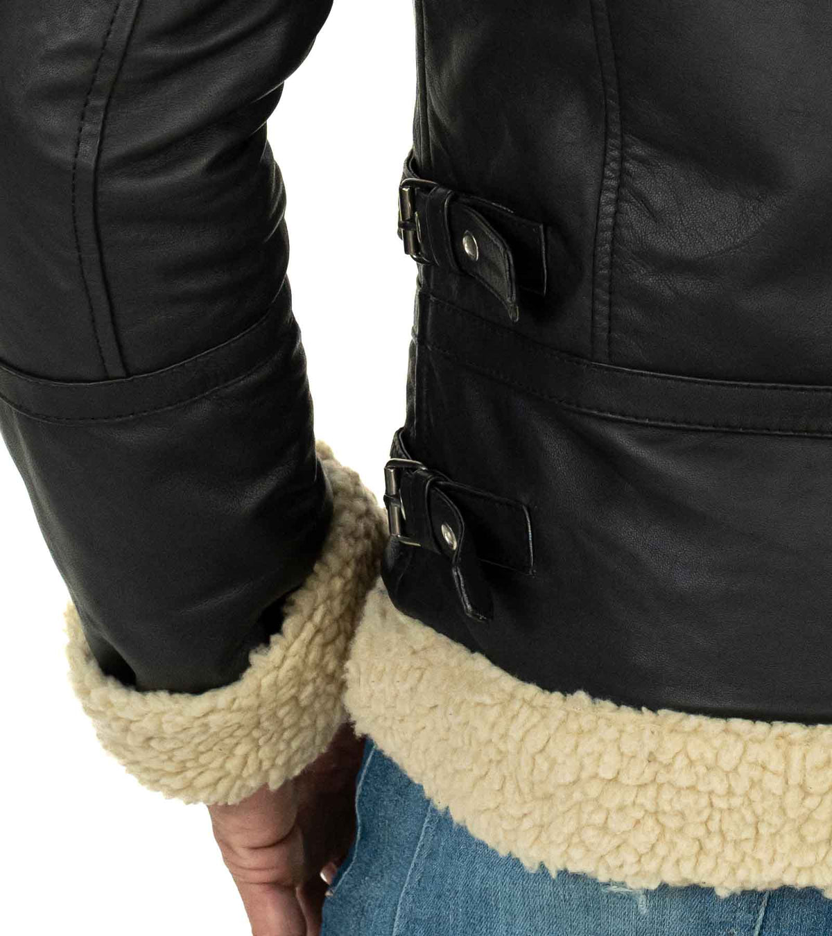 Bikerjacke aus echtem schwarzem Leder, schwarzes Innenfutter, Herren-Slim-Fit, Lammfellstil, Kragen mit Schnalle, Rindway