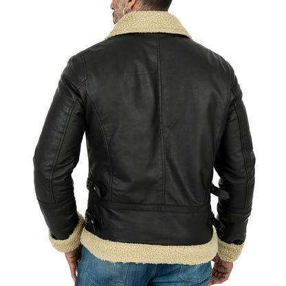 Veste biker slim pour homme en véritable cuir noir, style peau lainée, avec col à boucle Rindway