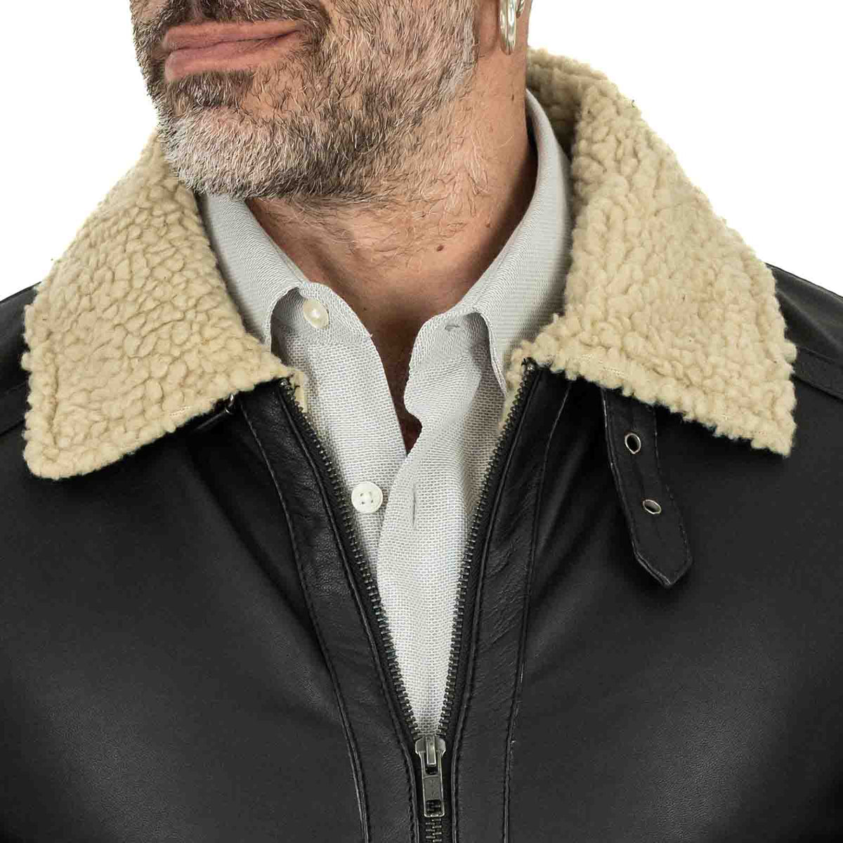 Bikerjacke aus echtem schwarzem Leder, schwarzes Innenfutter, Herren-Slim-Fit, Lammfellstil, Kragen mit Schnalle, Rindway