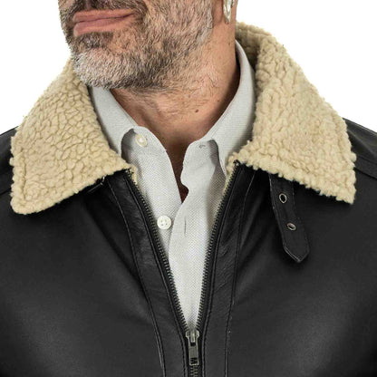 Veste biker slim pour homme en véritable cuir noir, style peau lainée, avec col à boucle Rindway