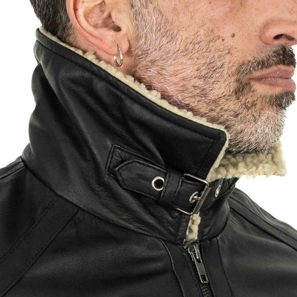Veste biker slim pour homme en véritable cuir noir, style peau lainée, avec col à boucle Rindway