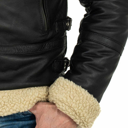 Veste biker slim pour homme en véritable cuir noir, style peau lainée, avec col à boucle Rindway