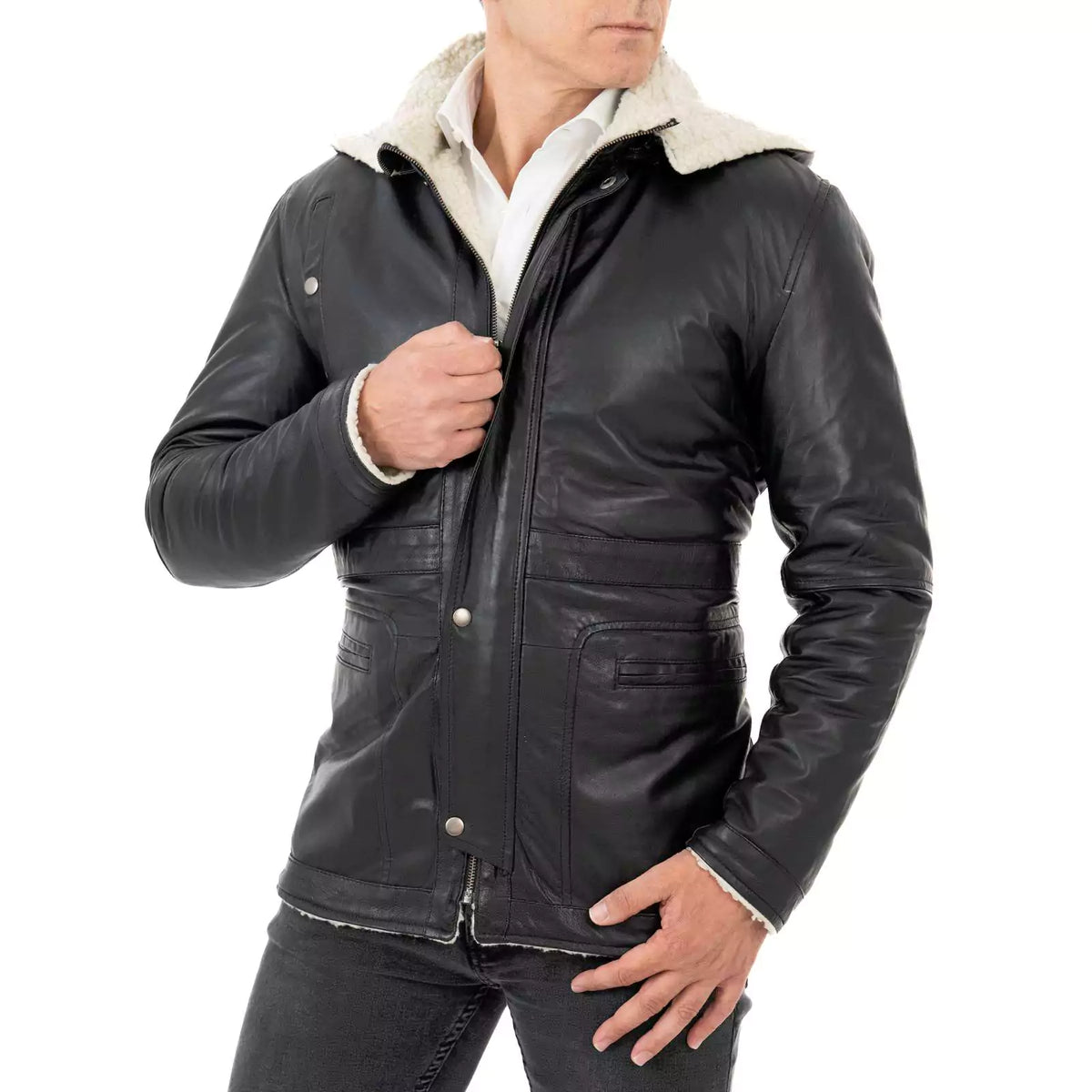 Slim-Manteljacke aus echtem schwarzem Leder für Herren mit großen Taschen im Lammfellstil und abnehmbarer Kapuze Rindway