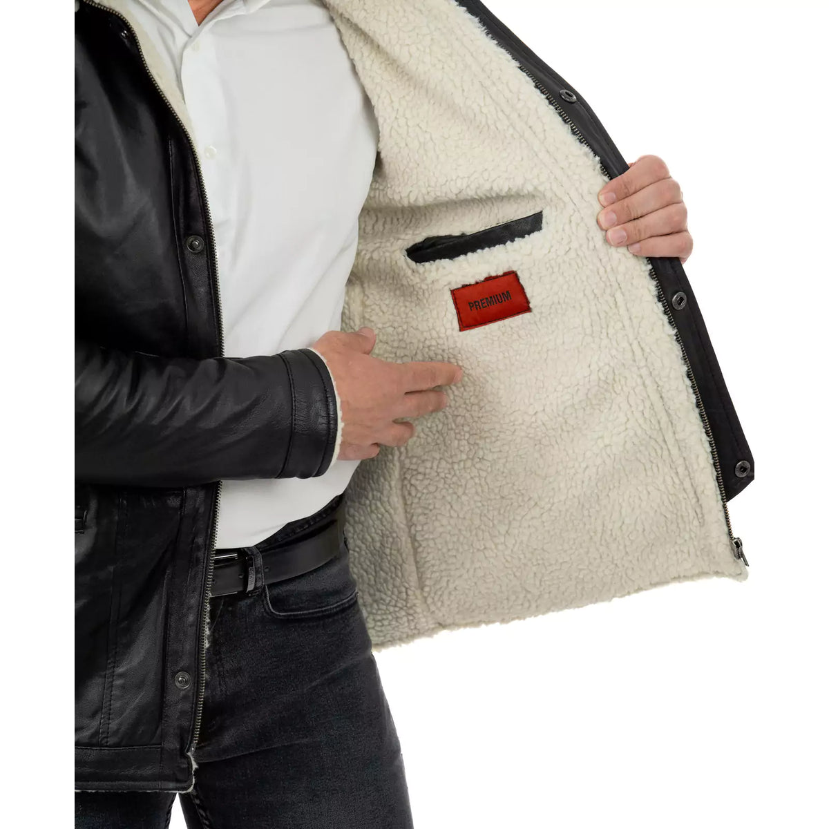 Slim-Manteljacke aus echtem schwarzem Leder für Herren mit großen Taschen im Lammfellstil und abnehmbarer Kapuze Rindway