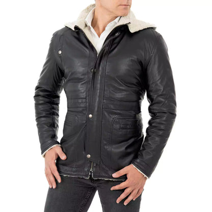 Slim-Manteljacke aus echtem schwarzem Leder für Herren mit großen Taschen im Lammfellstil und abnehmbarer Kapuze Rindway