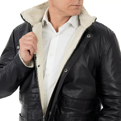 Slim-Manteljacke aus echtem schwarzem Leder für Herren mit großen Taschen im Lammfellstil und abnehmbarer Kapuze Rindway