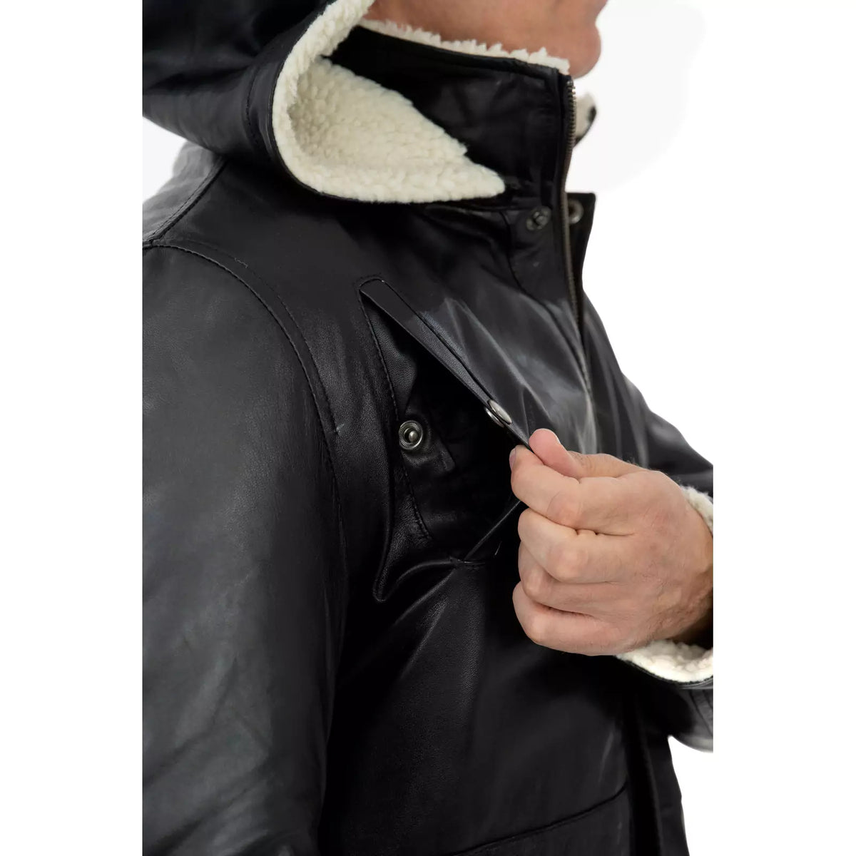 Slim-Manteljacke aus echtem schwarzem Leder für Herren mit großen Taschen im Lammfellstil und abnehmbarer Kapuze Rindway