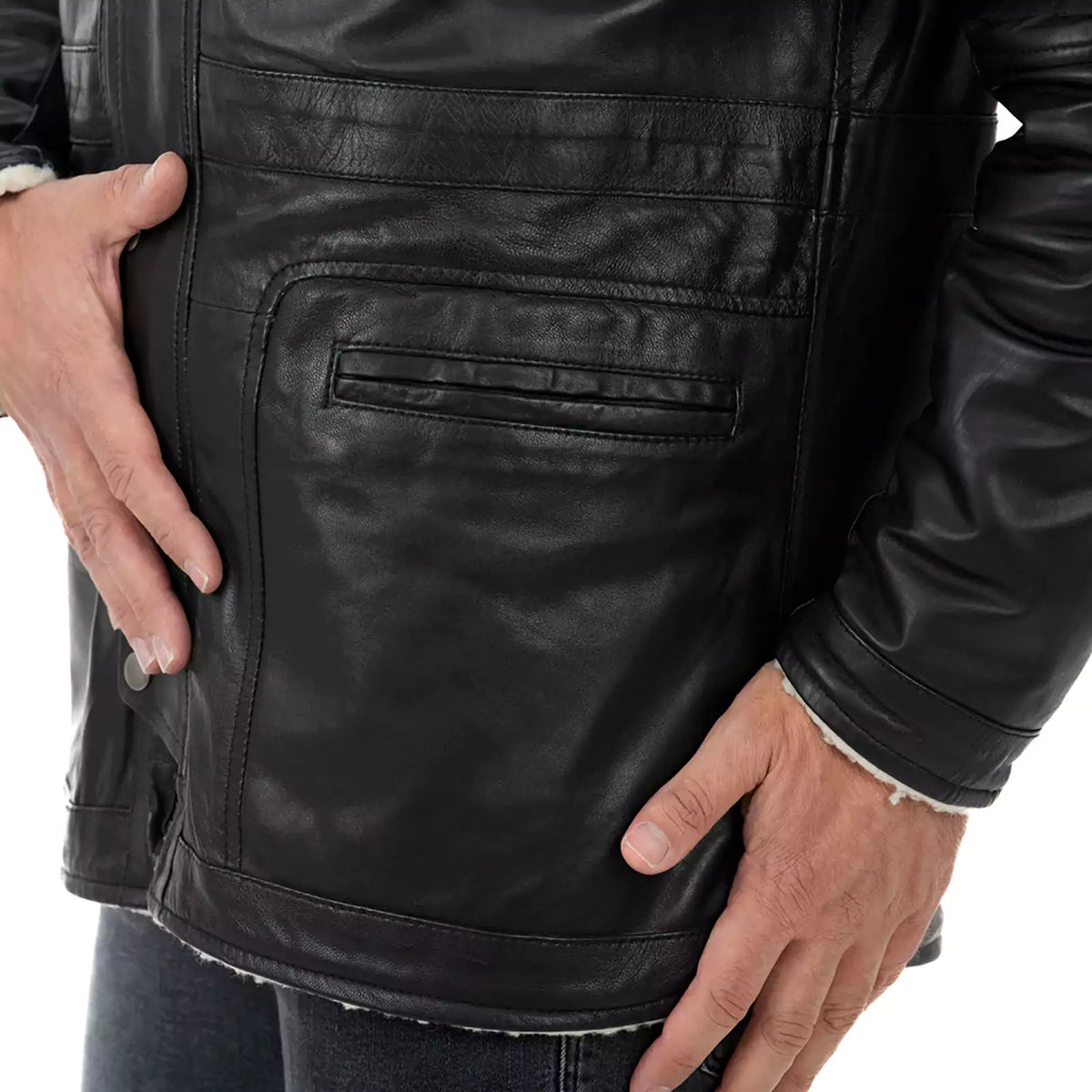 Slim-Manteljacke aus echtem schwarzem Leder für Herren mit großen Taschen im Lammfellstil und abnehmbarer Kapuze Rindway