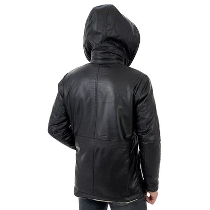 Slim-Manteljacke aus echtem schwarzem Leder für Herren mit großen Taschen im Lammfellstil und abnehmbarer Kapuze Rindway