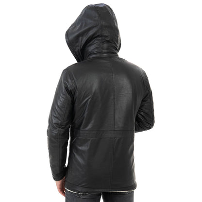 Slim-Manteljacke aus echtem schwarzem Leder für Herren mit großen Taschen im Lammfellstil und abnehmbarer Kapuze Rindway
