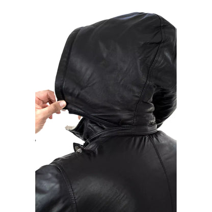 Slim-Manteljacke aus echtem schwarzem Leder für Herren mit großen Taschen im Lammfellstil und abnehmbarer Kapuze Rindway