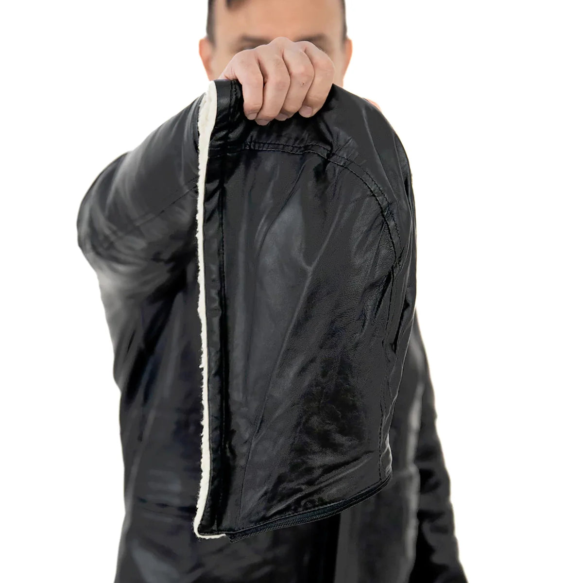 Slim-Manteljacke aus echtem schwarzem Leder für Herren mit großen Taschen im Lammfellstil und abnehmbarer Kapuze Rindway