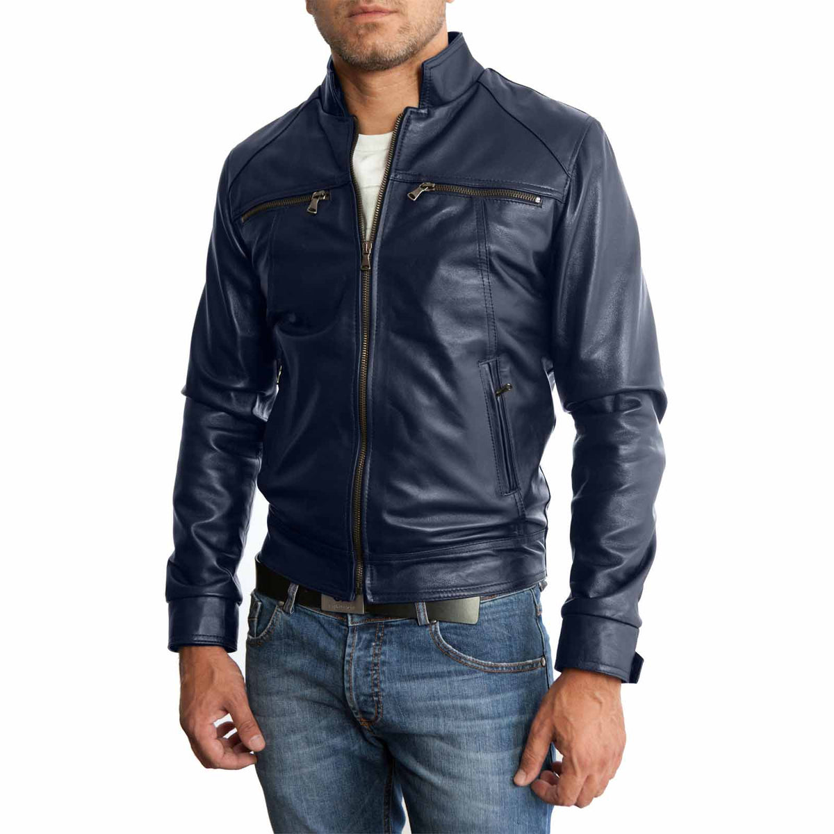 Slim-Bikerjacke aus echtem braunem Leder für Herren mit vier Taschen Rindway