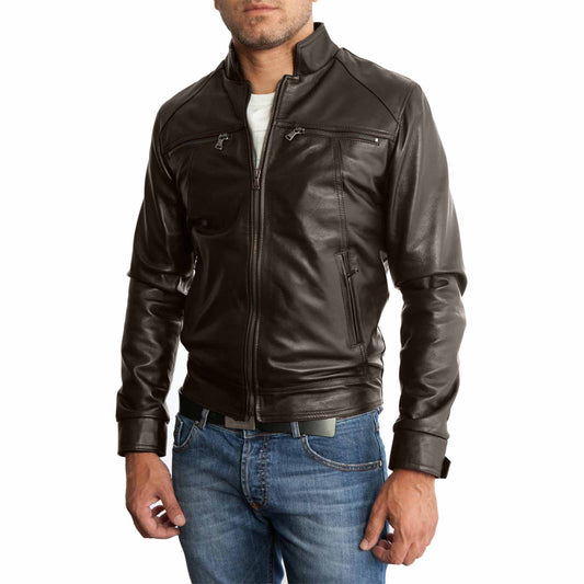 Slim-Bikerjacke aus echtem braunem Leder für Herren mit vier Taschen Rindway