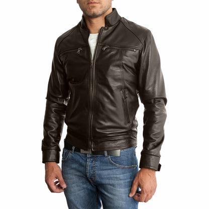 Slim-Bikerjacke aus echtem schwarzem Leder für Herren mit vier Taschen Rindway