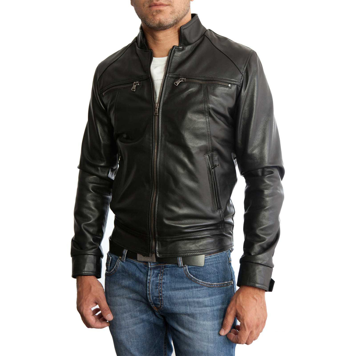 Slim-Bikerjacke aus echtem schwarzem Leder für Herren mit vier Taschen Rindway