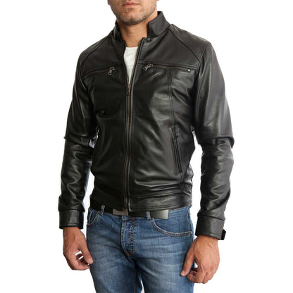 Slim-Bikerjacke aus echtem schwarzem Leder für Herren mit vier Taschen Rindway