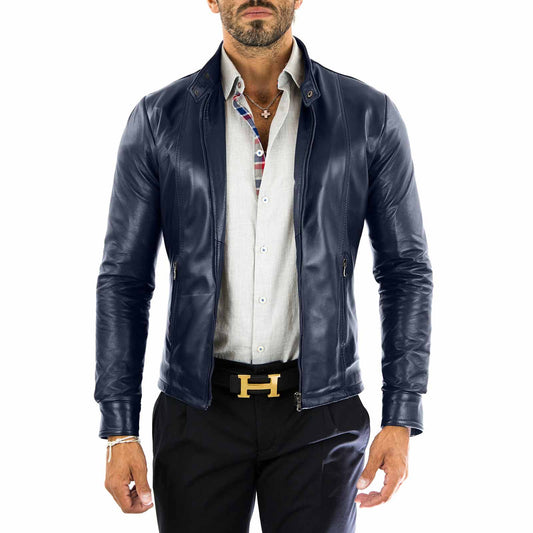 Slim-Bikerjacke aus echtem blauem Leder für Herren mit vorderen Nähten Rindway