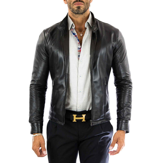 Schwarze Bikerjacke aus echtem Leder für Herren, Slim Fit, vordere Nähte, Rindway
