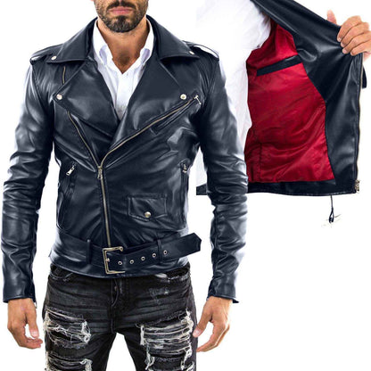 Bikerjacke aus echtem schwarzem Leder für Herren im Slim-Fit mit rotem Innenfutter, Rindway