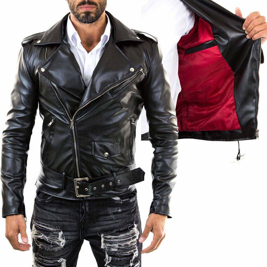 Blouson biker homme slim en véritable cuir noir avec intérieur rouge Rindway