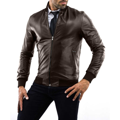 Chaqueta bomber de piel auténtica marrón para hombre, corte slim, cuello college Rindway
