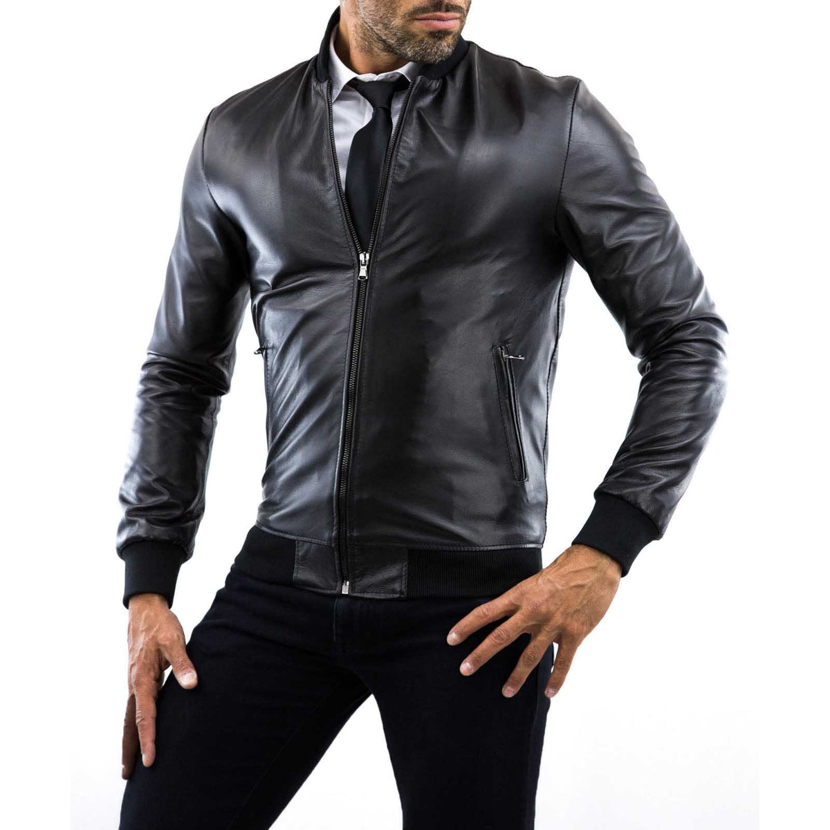 Chaqueta bomber de piel auténtica marrón para hombre, corte slim, cuello college Rindway