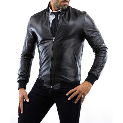 Chaqueta bomber de piel auténtica marrón para hombre, corte slim, cuello college Rindway