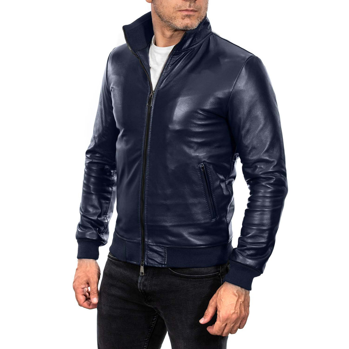 Cazadora bomber de piel auténtica negra para hombre, con cuello de punto y piel Rindway