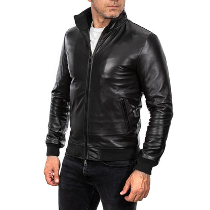 Cazadora bomber de piel auténtica negra para hombre, con cuello de punto y piel Rindway