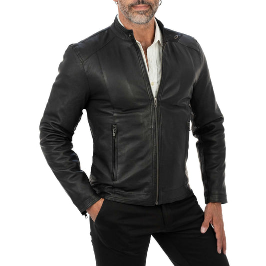 Schwarze Bikerjacke aus echtem Leder für Herren, Slim Fit, mit vorderen Steppnähten, Rindway