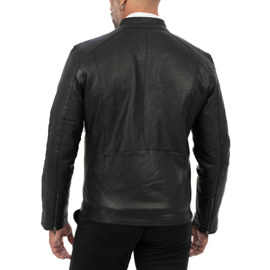 Schwarze Bikerjacke aus echtem Leder für Herren, Slim Fit, mit vorderen Steppnähten, Rindway