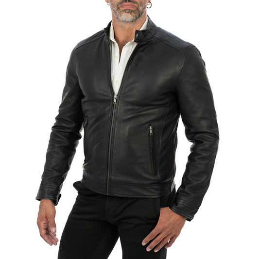 Schwarze Bikerjacke aus echtem Leder für Herren, Slim Fit, Stehkragen, Rindway