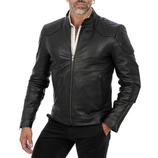 Schwarze Bikerjacke aus echtem Leder für Herren, Slim Fit, rautenförmige Verstärkungen an Schultern und Ellbogen, Rindway