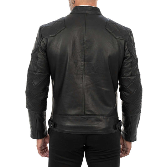 Schwarze Bikerjacke aus echtem Leder für Herren, Slim Fit, rautenförmige Verstärkungen an Schultern und Ellbogen, Rindway