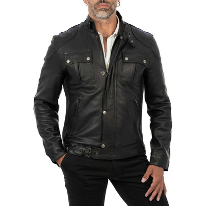 Blouson biker homme slim en véritable cuir noir avec fermeture principale à glissière et rabat Rindway