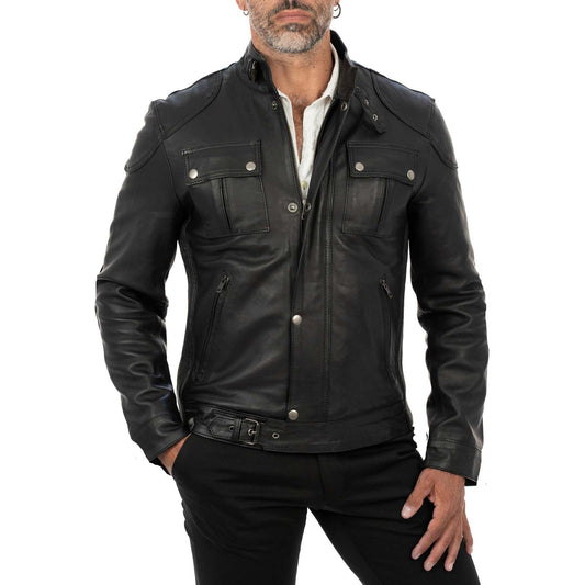 Blouson biker homme slim en véritable cuir noir avec fermeture principale à glissière et rabat Rindway